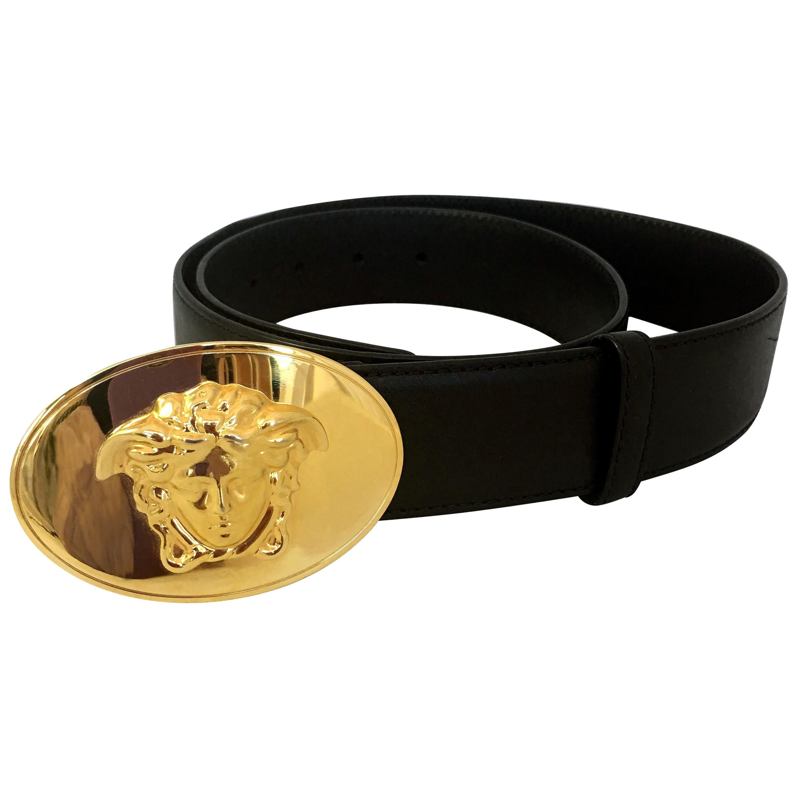 Versace Gold Medusa Medallion Calf Leather Belt