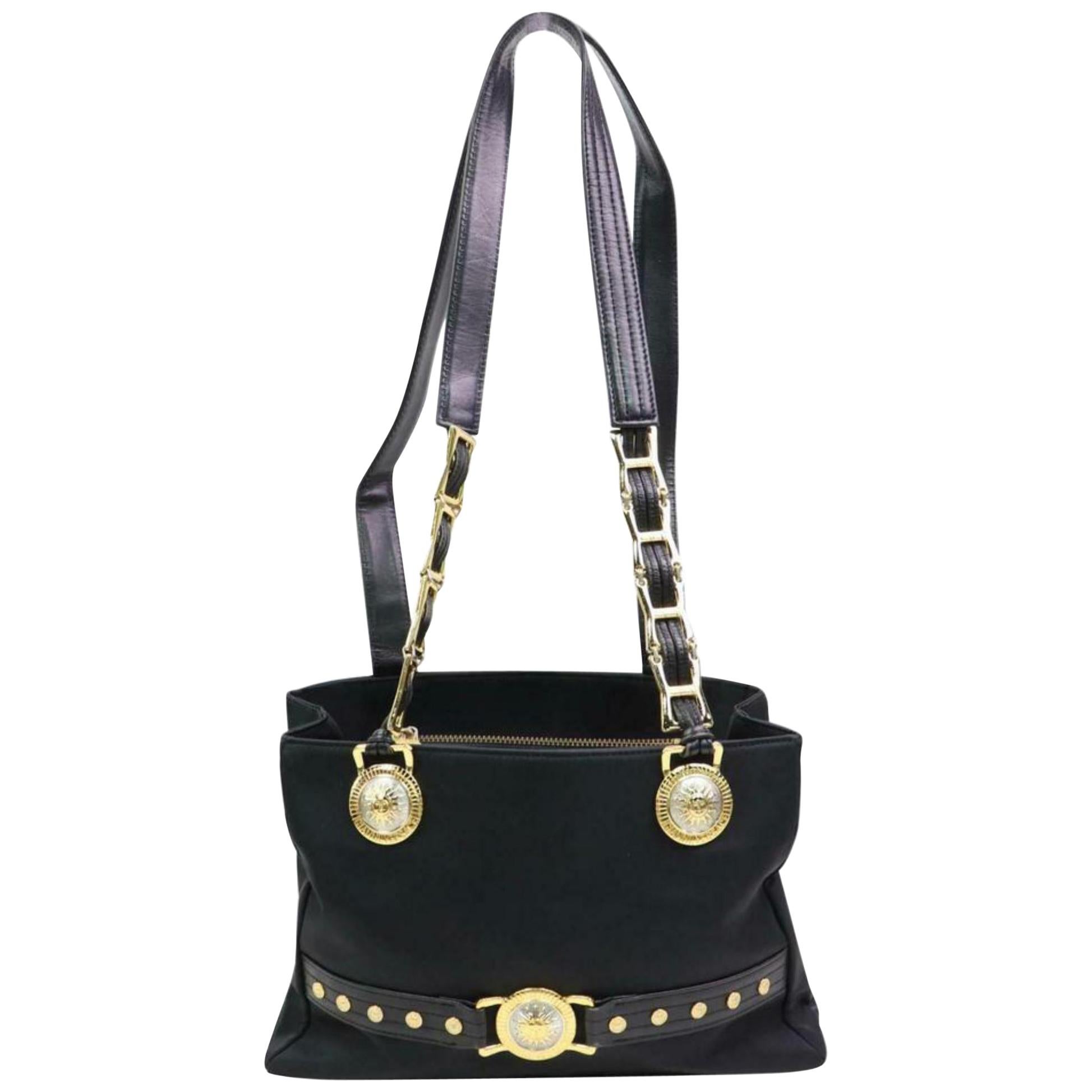 Versace Gold Medusa Medallion Chain Tote 870366 Black Nylon Shoulder Bag For Sale