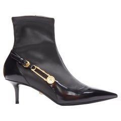 VERSACE gold Medusa Punk Safety Pin black leather kitten heel bootie EU37