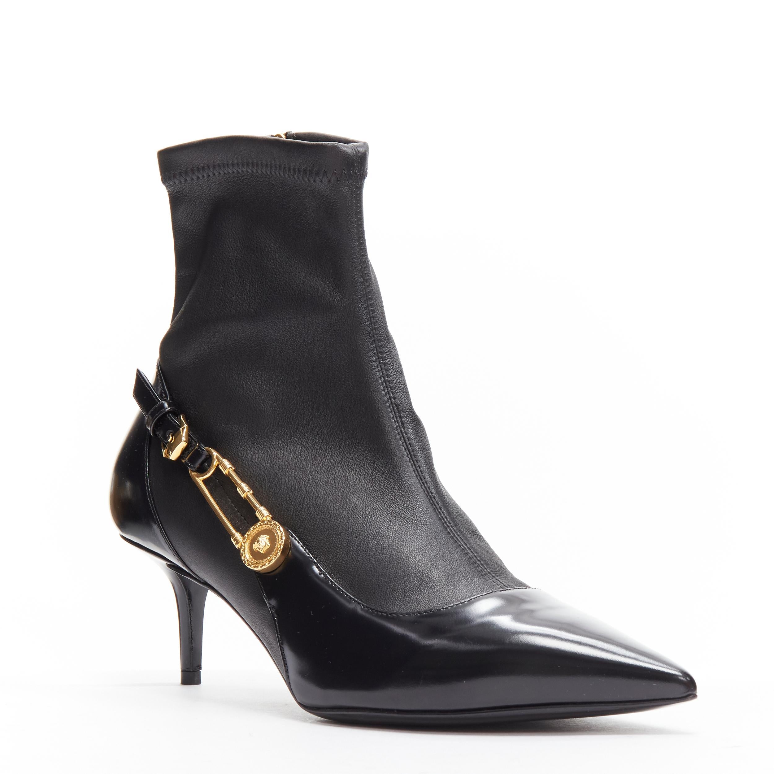 Black VERSACE gold Medusa Punk Safety Pin black leather kitten heel bootie EU38
