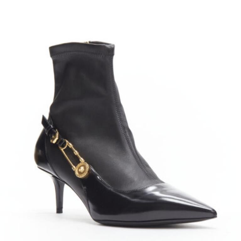 Black VERSACE gold Medusa Punk Safety Pin black leather kitten heel bootie EU38