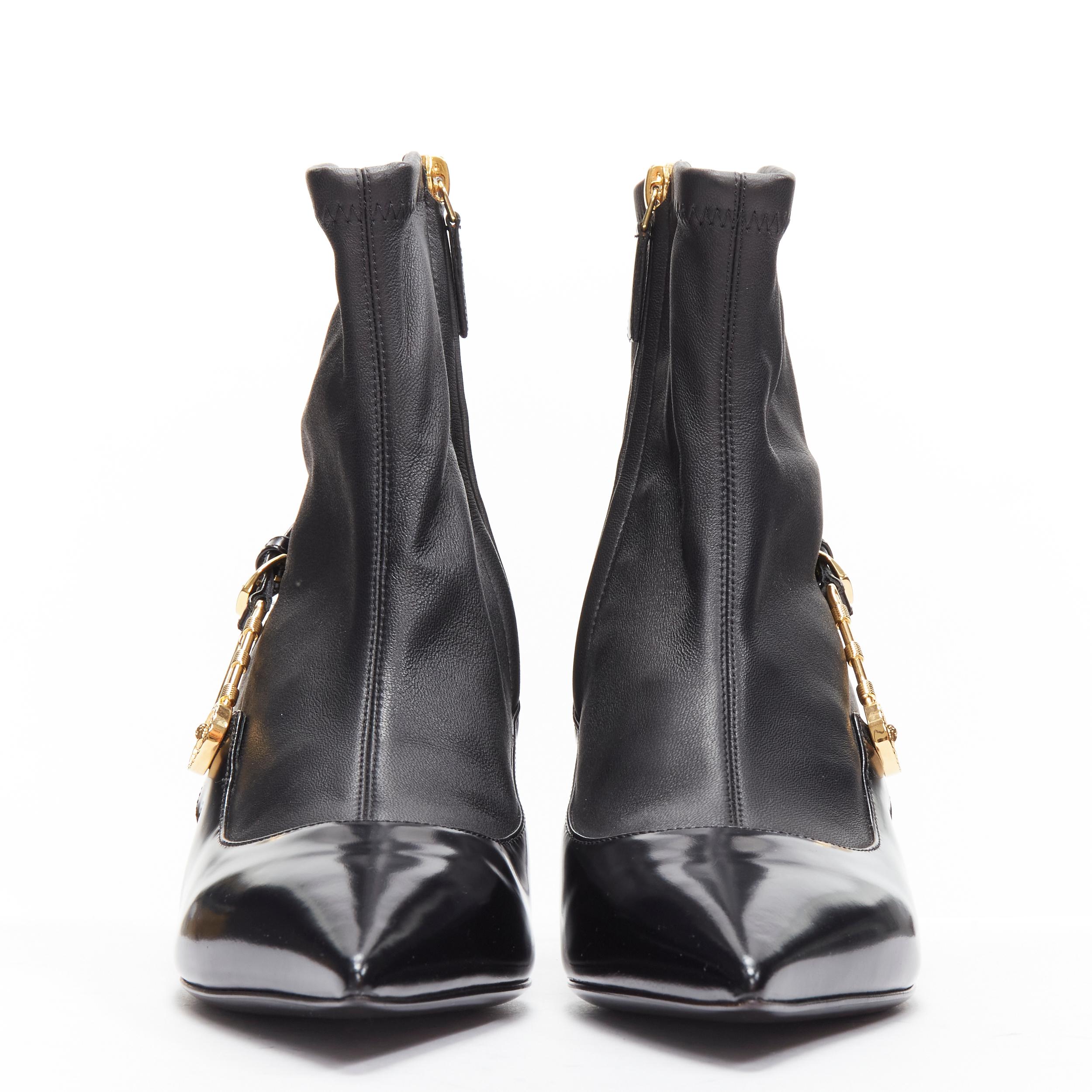 Women's VERSACE gold Medusa Punk Safety Pin black leather kitten heel bootie EU38 For Sale