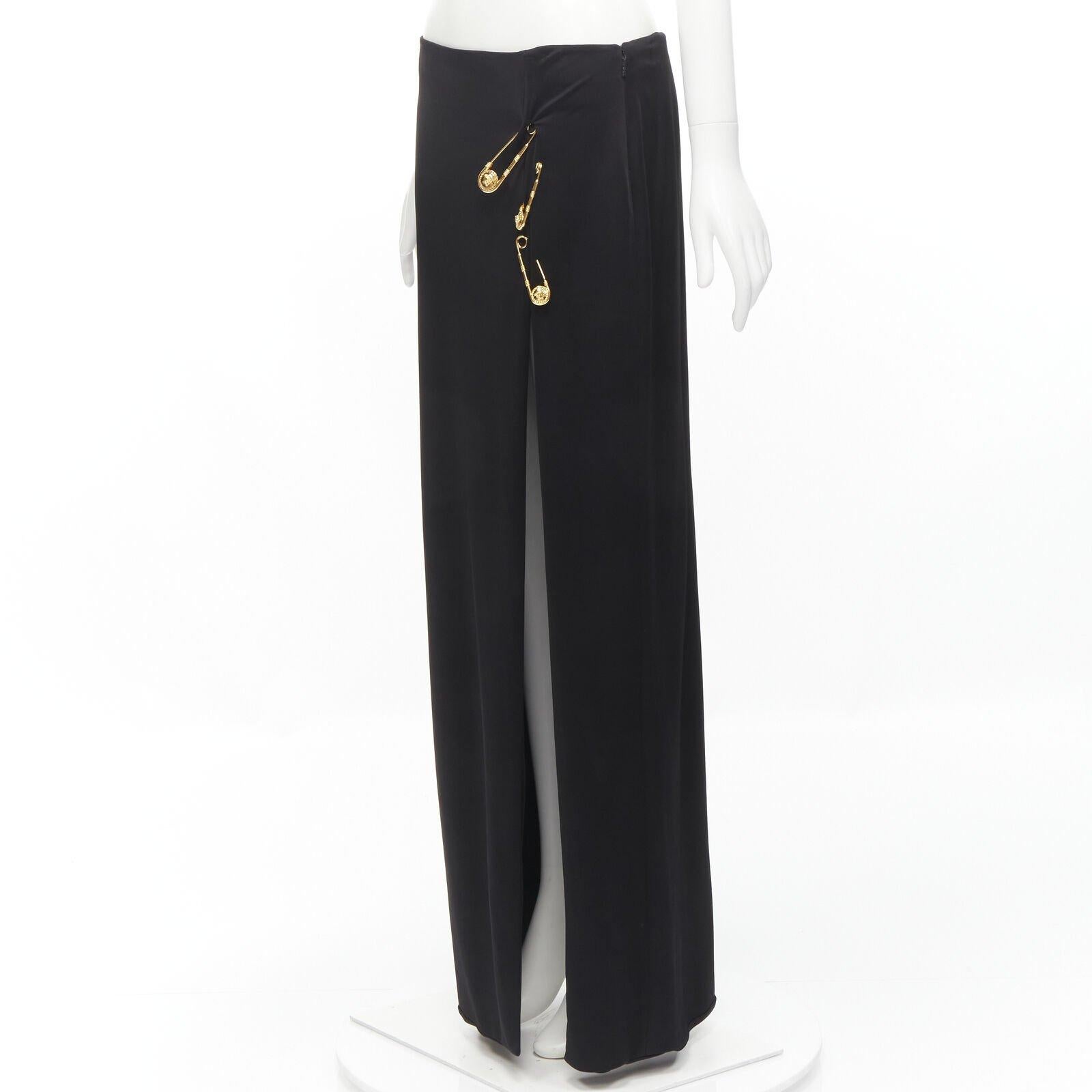 Black VERSACE gold Medusa safety pin black viscose high slit skirt IT42 M