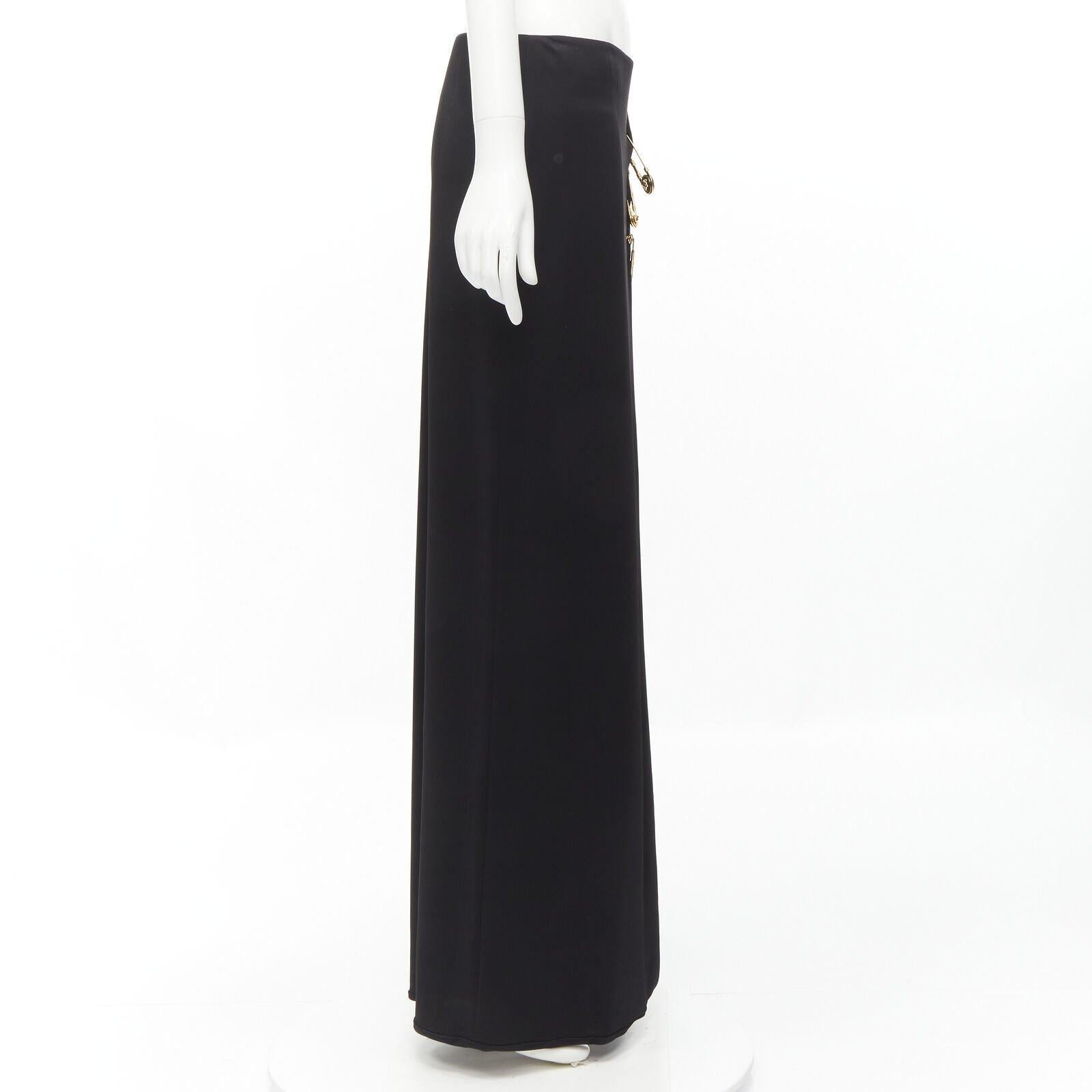 Women's VERSACE gold Medusa safety pin black viscose high slit skirt IT42 M