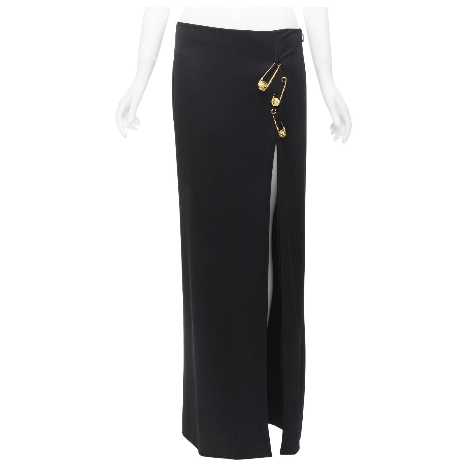 VERSACE gold Medusa safety pin black viscose high slit skirt IT42 M