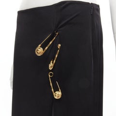 VERSACE gold Medusa safety pin black viscose high slit skirt IT44 L