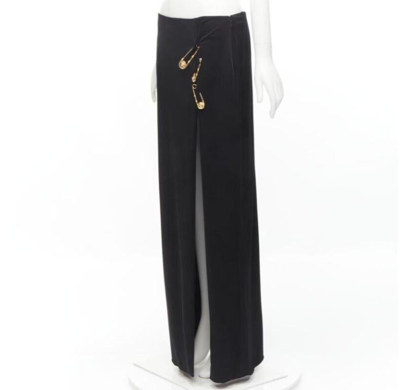 VERSACE gold Medusa safety pin black viscose high slit skirt IT44 L In Excellent Condition In Hong Kong, NT