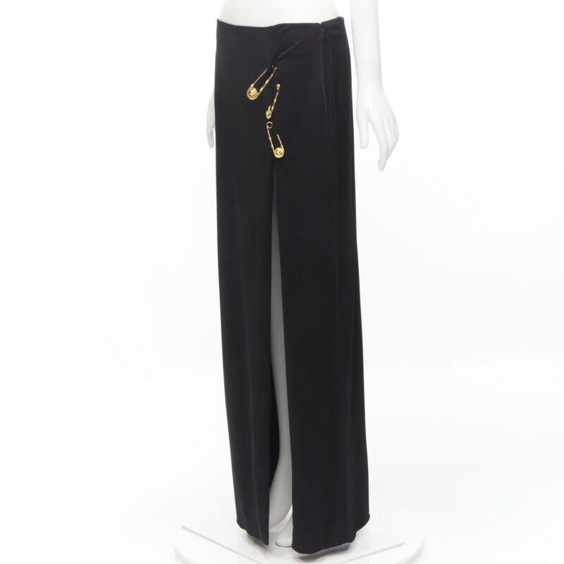 Black VERSACE gold Medusa safety pin black viscose high slit skirt IT44 L For Sale