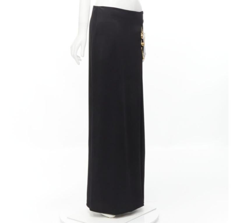 Women's VERSACE gold Medusa safety pin black viscose high slit skirt IT44 L