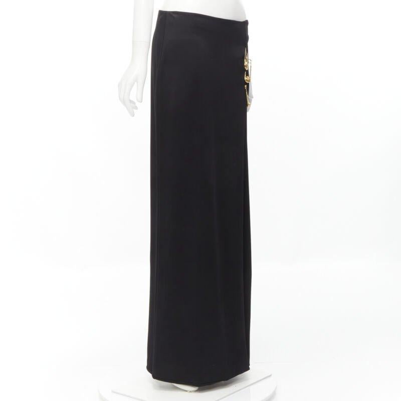 VERSACE gold Medusa safety pin black viscose high slit skirt IT44 L In New Condition For Sale In Hong Kong, NT