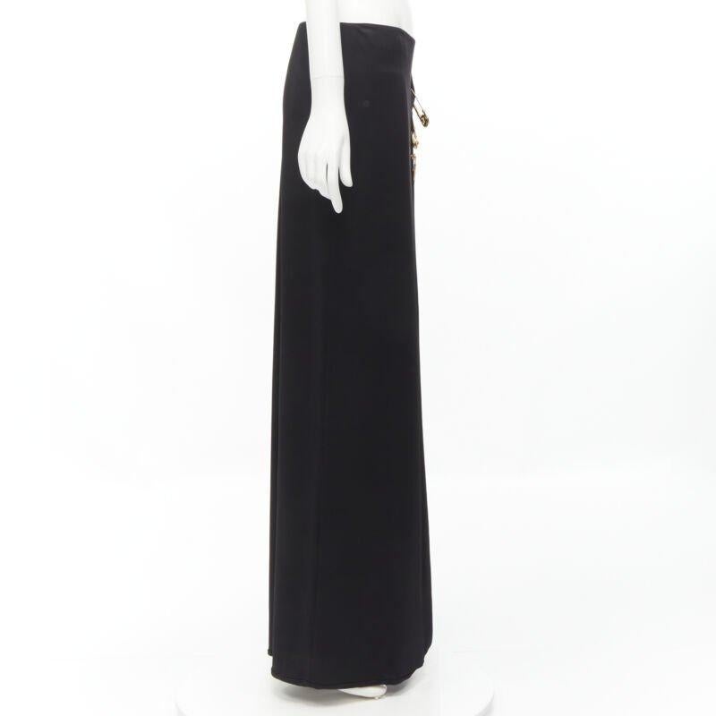 Women's VERSACE gold Medusa safety pin black viscose high slit skirt IT44 L For Sale