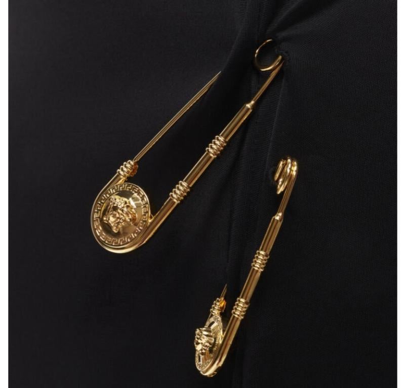 VERSACE gold Medusa safety pin black viscose high slit skirt IT44 L 4
