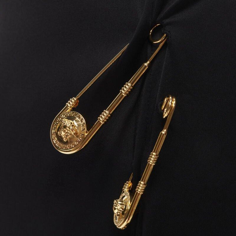 VERSACE gold Medusa safety pin black viscose high slit skirt IT44 L For Sale 3