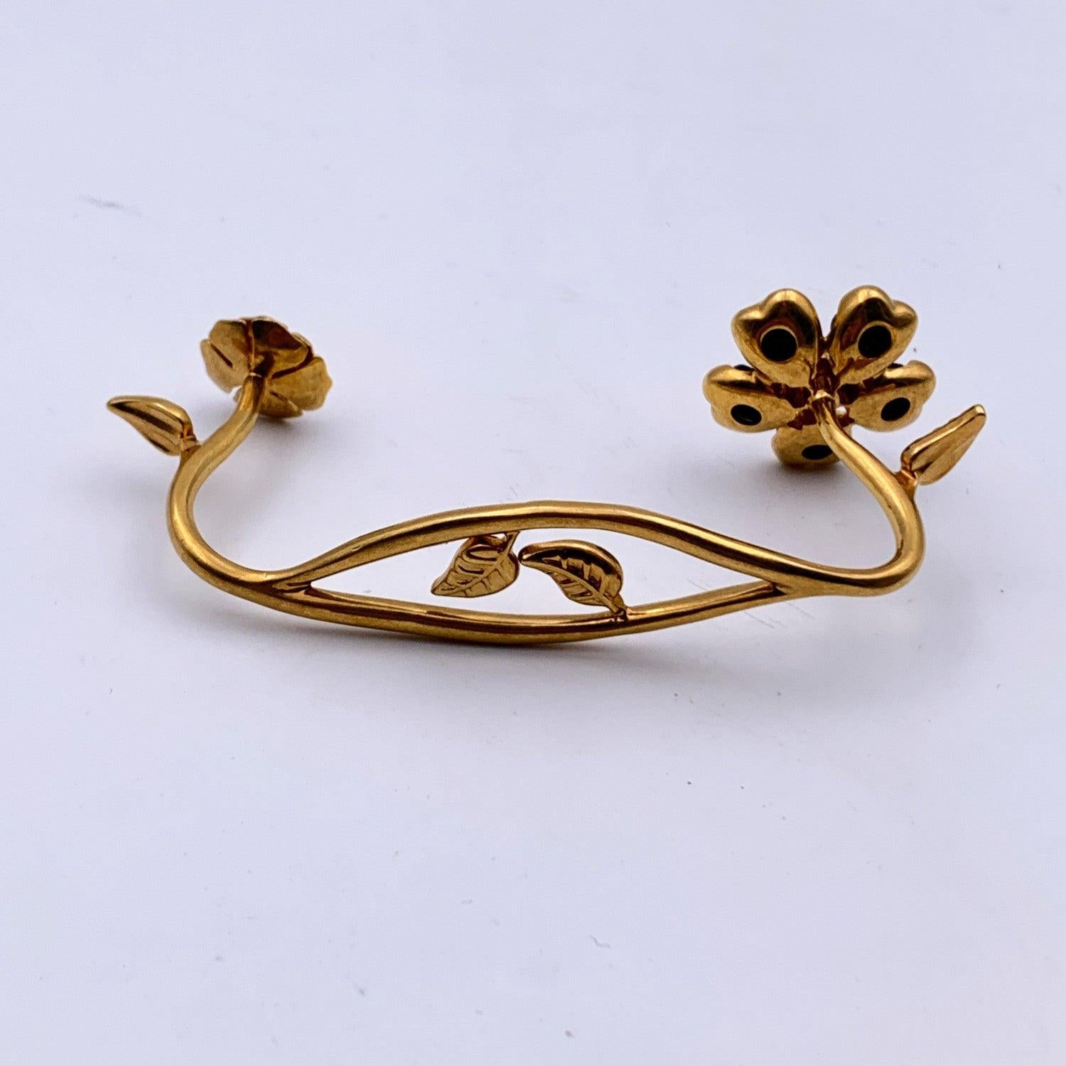 Women's Versace Gold Metal Garden V-Floral Hand Cuff Bracelet Black For Sale