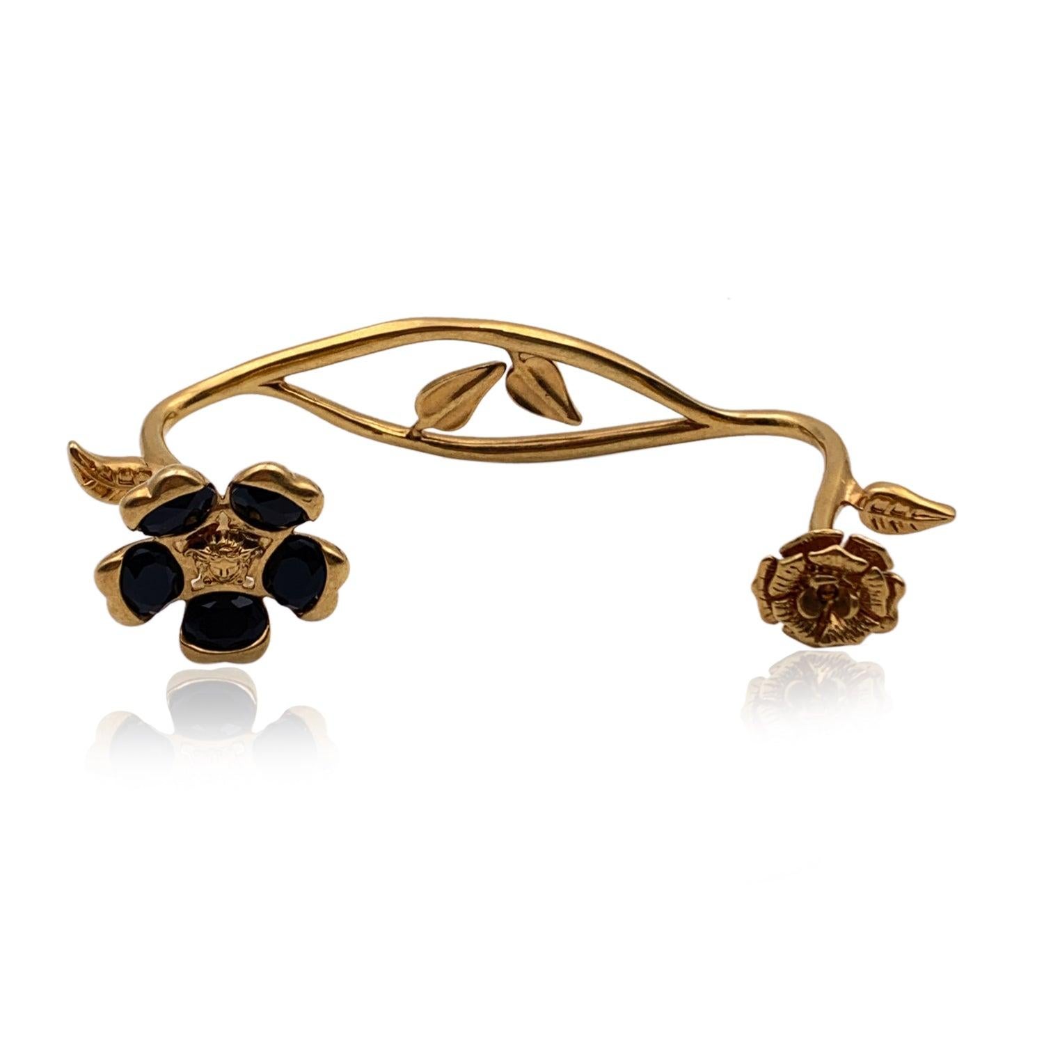Versace Gold Metal Garden V-Floral Hand Cuff Bracelet Black For Sale 1
