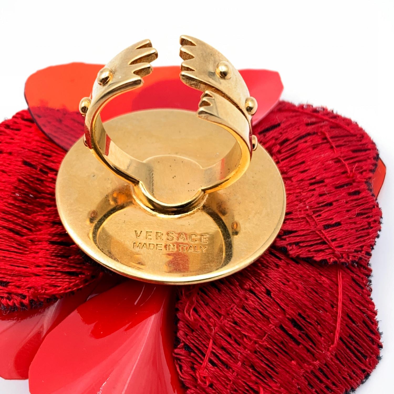 Versace Gold Metal Red Plastic Fabric Flower Ring Never Worn 1