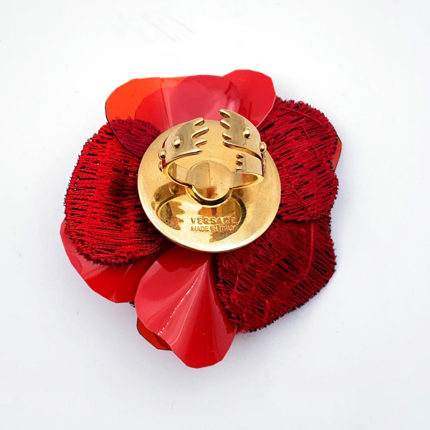 Versace Gold Metal Red Plastic Fabric Flower Ring Never Worn 2