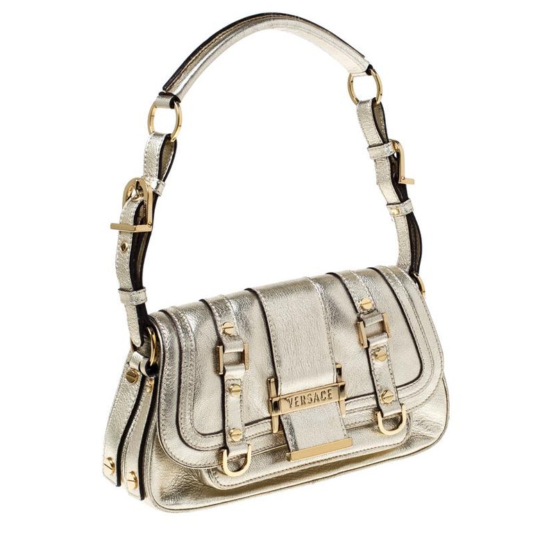 Versace Gold Metallic Leather Buckle Flap Shoulder Bag For Sale at 1stdibs