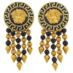 Vintage Versace Gold Onyx Medusa Drop Earrings