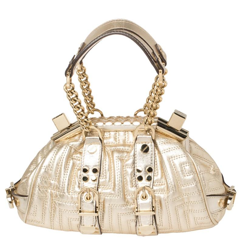 Goldfarbene gesteppte Mini Madonna-Tasche aus Leder mit Rahmen von Versace 7