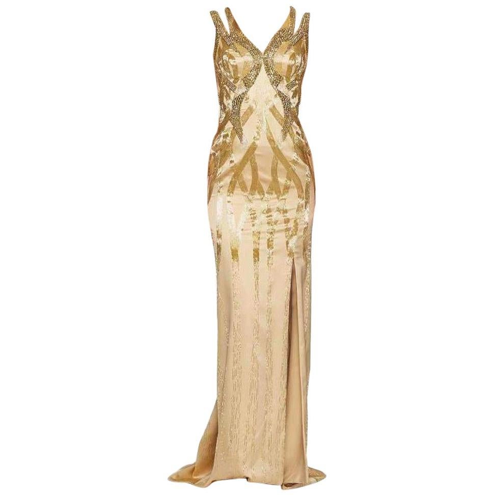 VERSACE Gold Sequin Embellished Open Back Gown IT38 US 2-4 For Sale