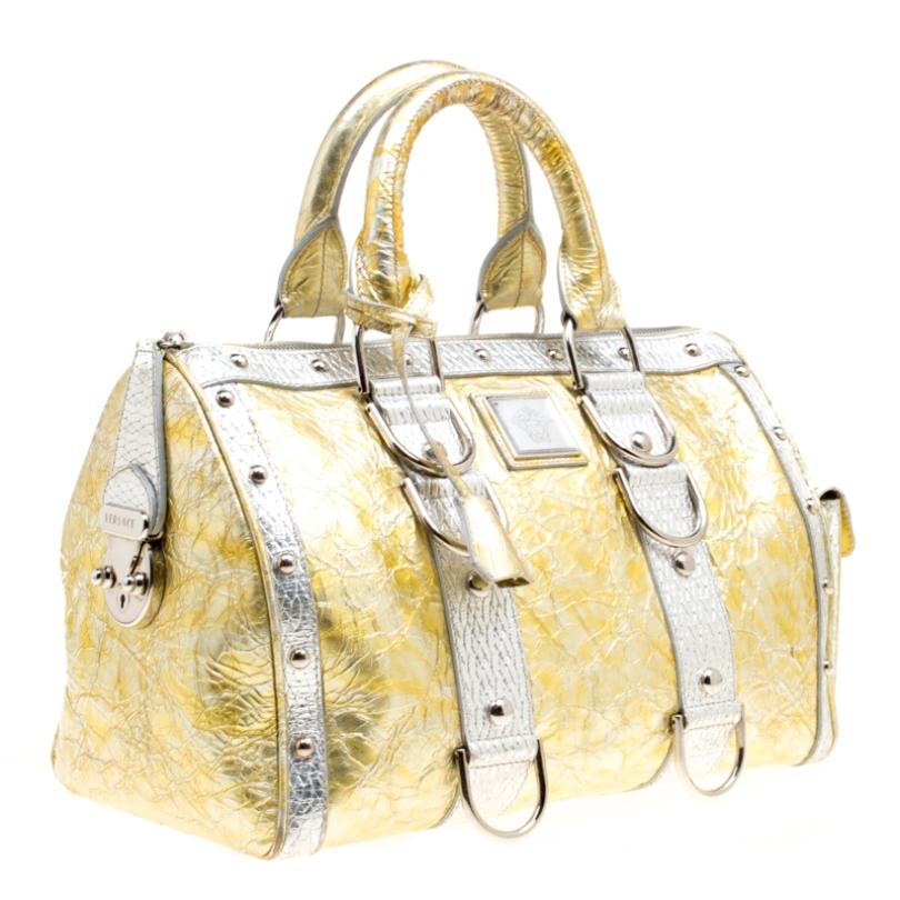 Versace Gold/Silver Ceramic Effect Leather Snap Out Of It Satchel In Fair Condition In Dubai, Al Qouz 2