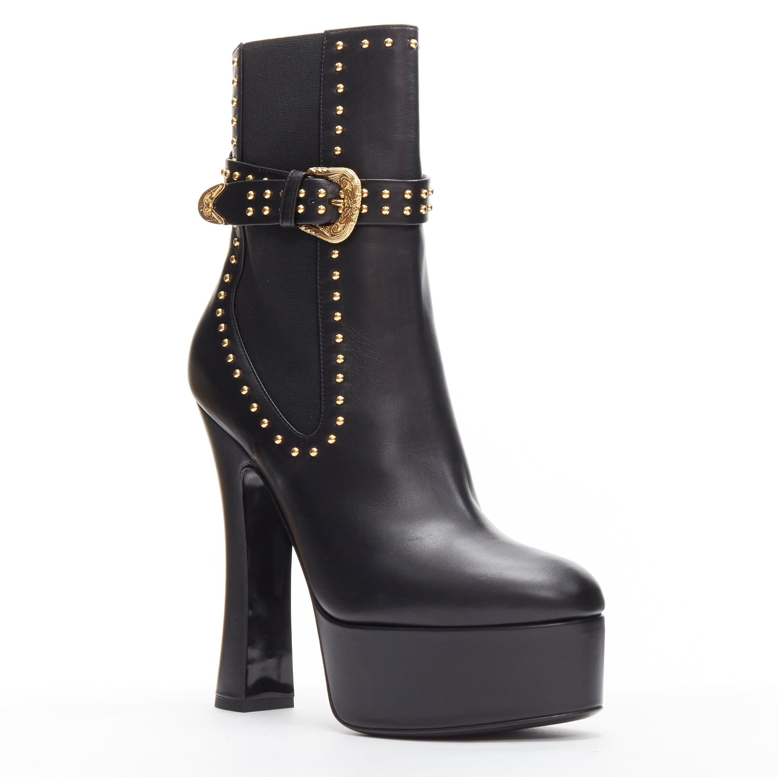VERSACE gold studded western buckle black leather platform boots EU40.5
Reference: TGAS/C01796
Brand: Versace
Designer: Donatella Versace
Model: DST203T DVT4X D41OH
Material: Leather
Color: Black
Pattern: Solid
Estimated Retail Price: USD 1650
Made