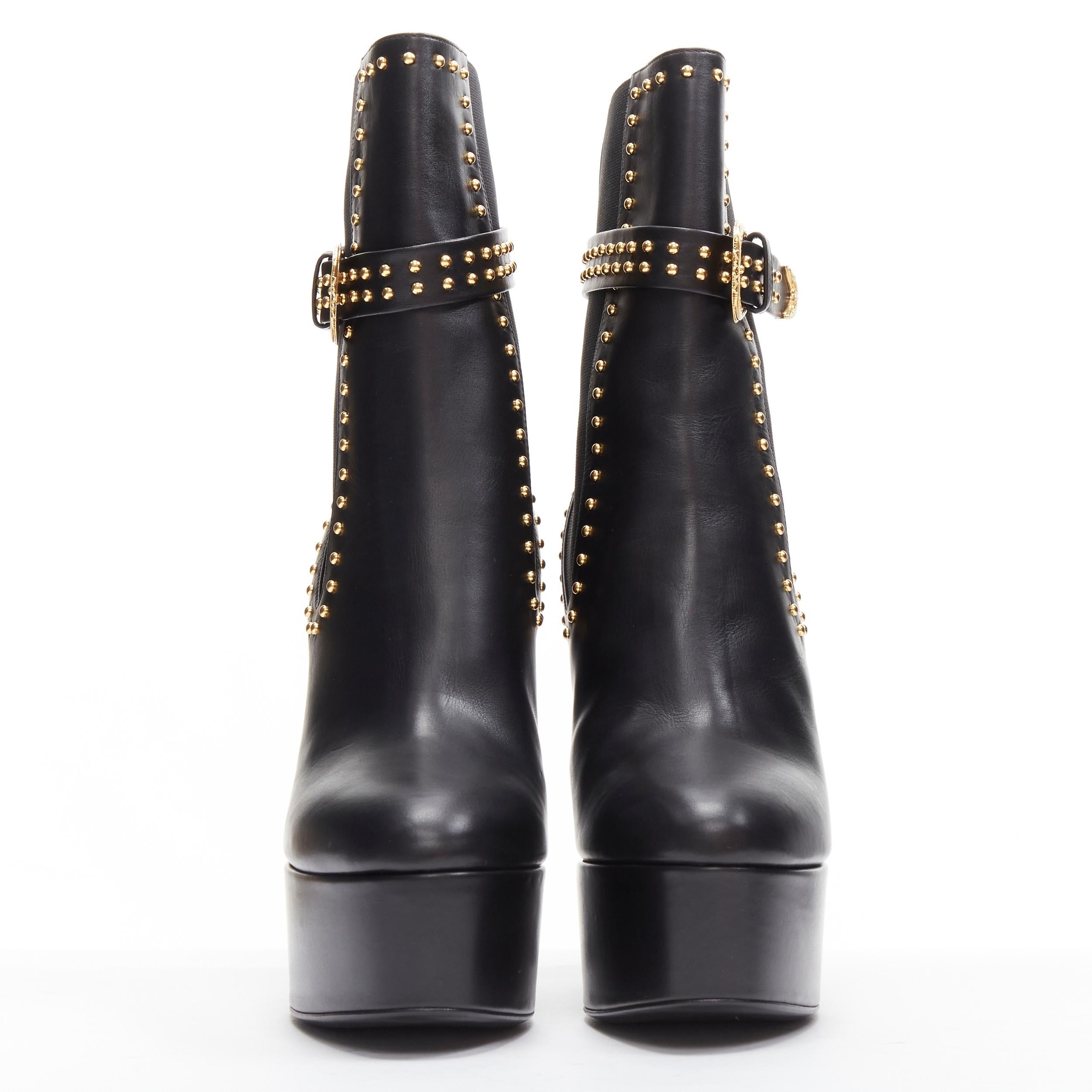 Black VERSACE gold studded western buckle black leather platform boots EU40.5