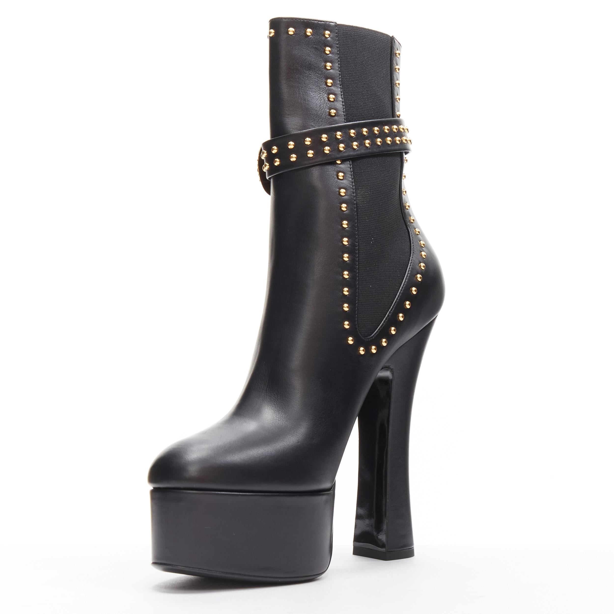 VERSACE gold studded western buckle black leather platform boots EU40.5 In Excellent Condition In Hong Kong, NT