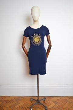 VERSACE Gold Sun Embroidered Logo 1990’s Navy Blue figure hugging backless Dress