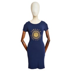 VERSACE Gold Sun Embroidered Logo 1990’s Navy Blue figure hugging backless Dress