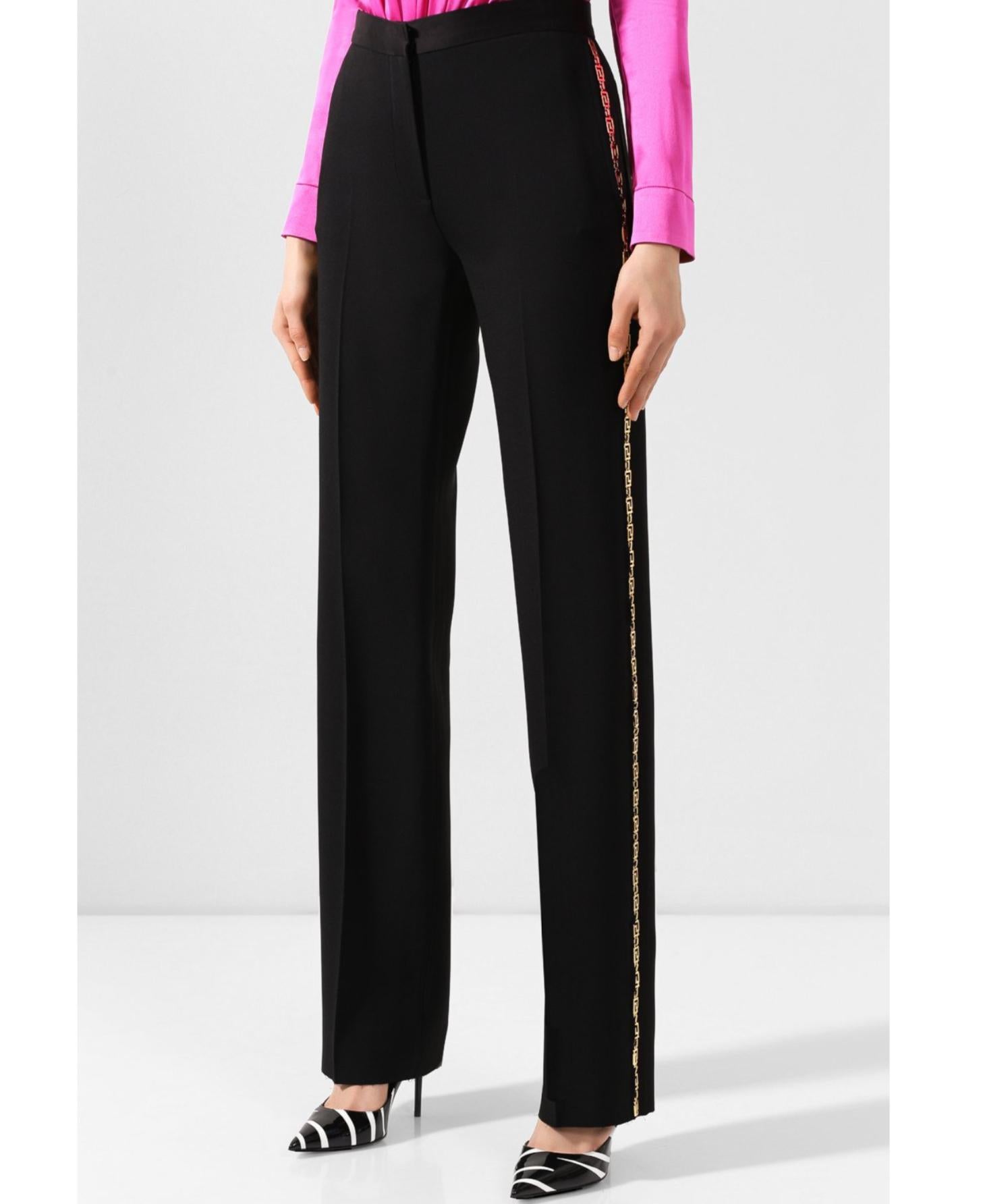Versace Gold Tone Greca Chain Tailored Black Trousers / Pants Size 38 For Sale 1