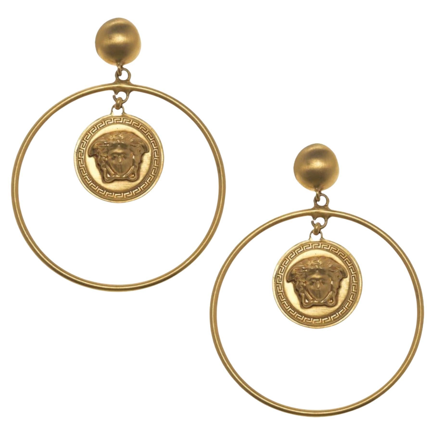 Versace Gold Tone Medusa Head Pendant Hoop Earrings