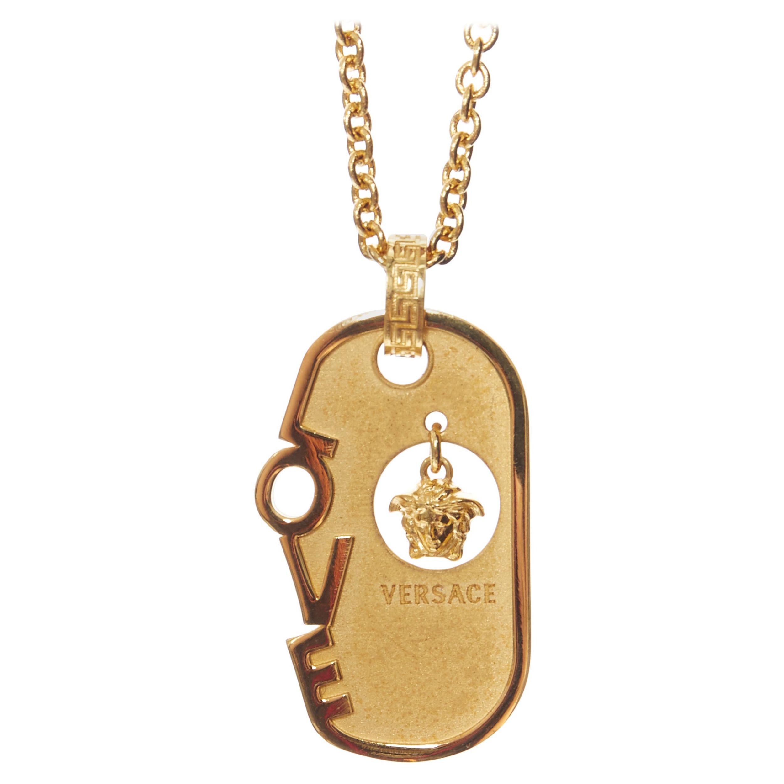 VERSACE gold tone nickel Love hanging Mesuda dog tag plate