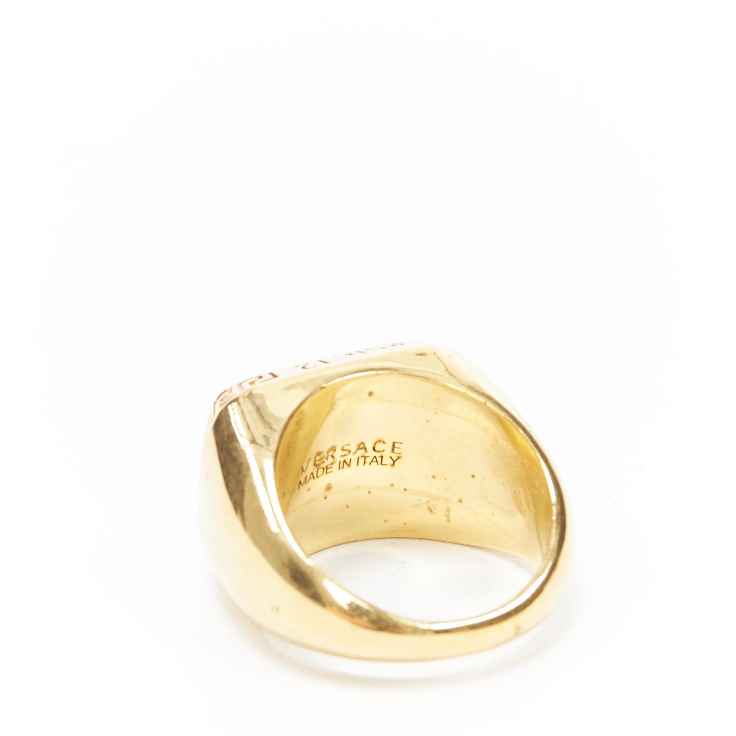 Men's VERSACE gold tone nickel Medusa face black logo Greca bordered signet ring 8.75