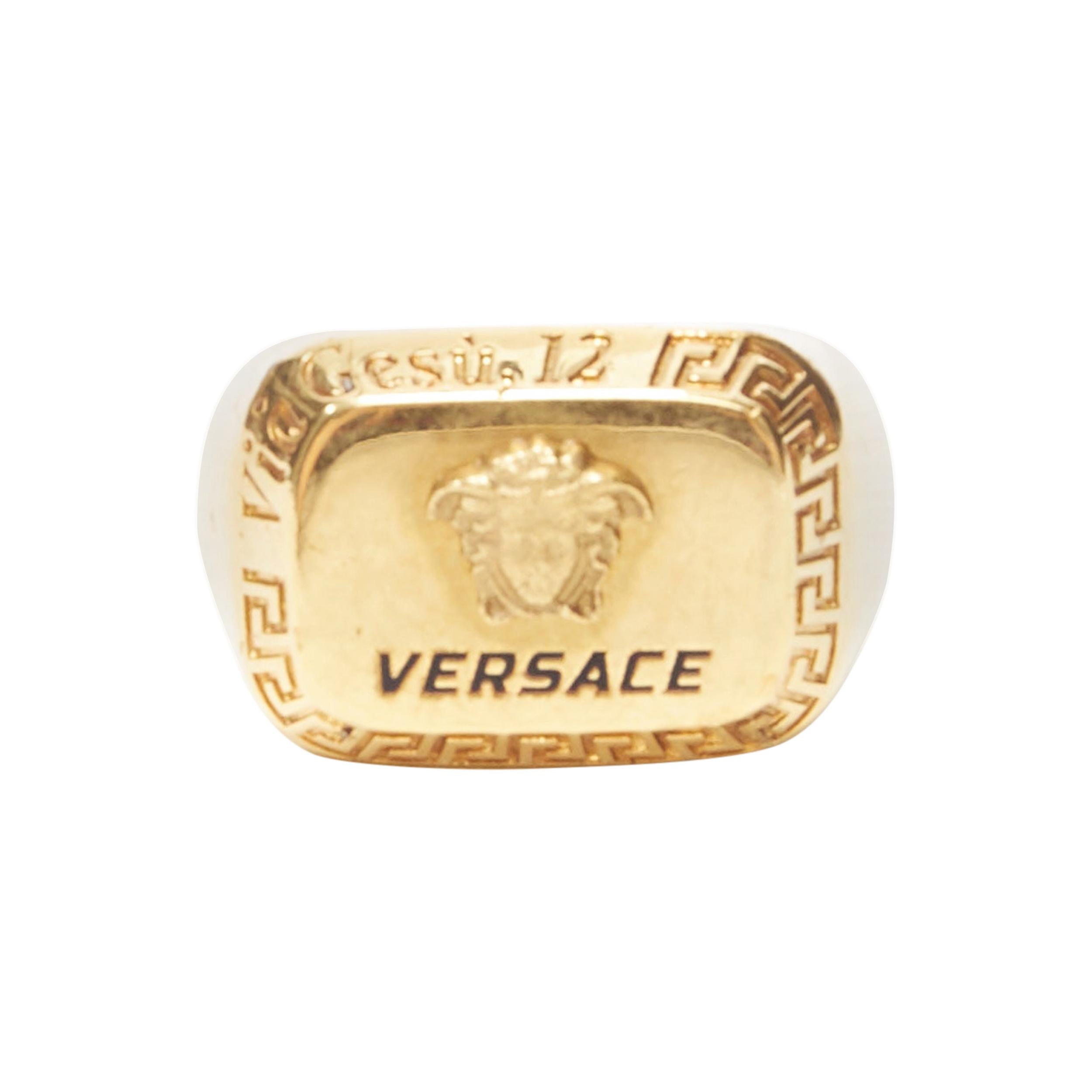 VERSACE gold tone nickel Medusa face black logo Greca bordered signet ring 8.75