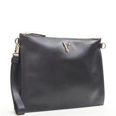 VERSACE gold Virtus Barocco V black leather zip clutch crossbody bag