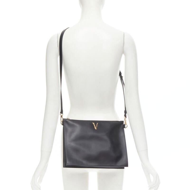 Black VERSACE gold Virtus Barocco V black leather zip clutch crossbody bag For Sale