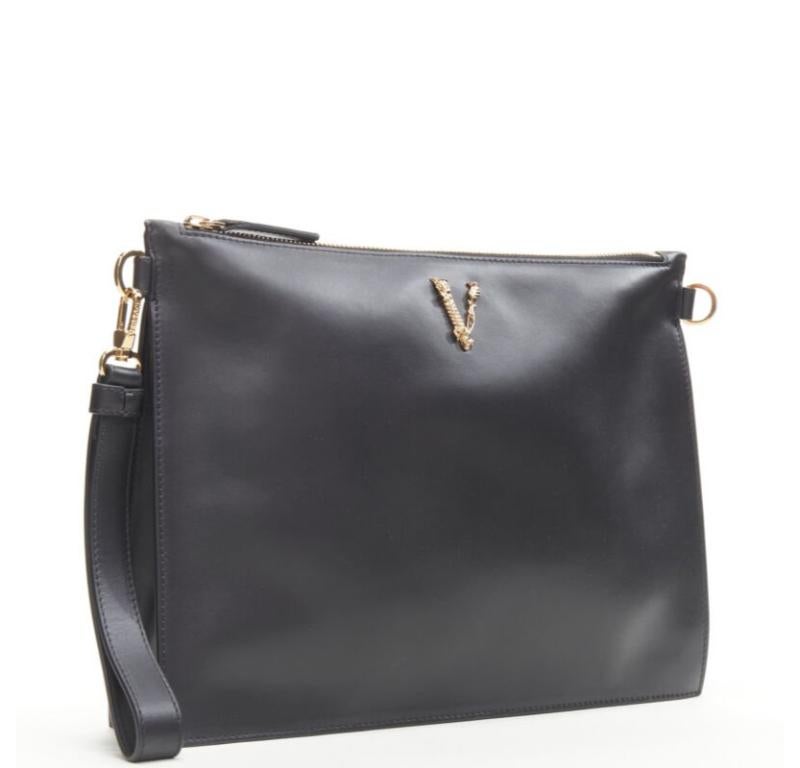 VERSACE gold Virtus Barocco V black leather zip clutch crossbody bag In Excellent Condition In Hong Kong, NT