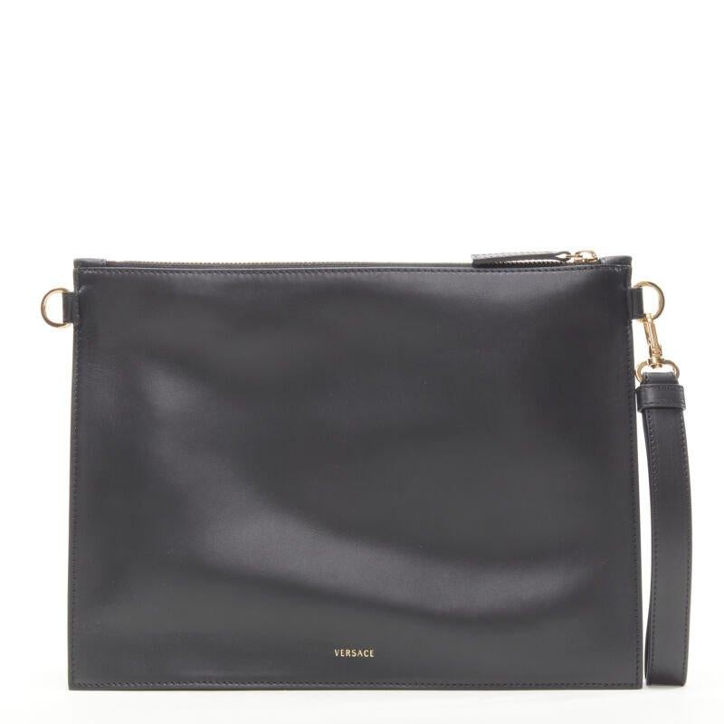 Women's VERSACE gold Virtus Barocco V black leather zip clutch crossbody bag For Sale