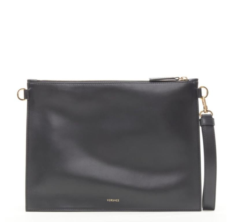 VERSACE gold Virtus Barocco V black leather zip clutch crossbody bag 1