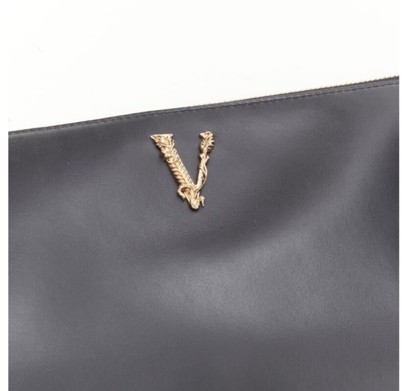 VERSACE gold Virtus Barocco V black leather zip clutch crossbody bag 2