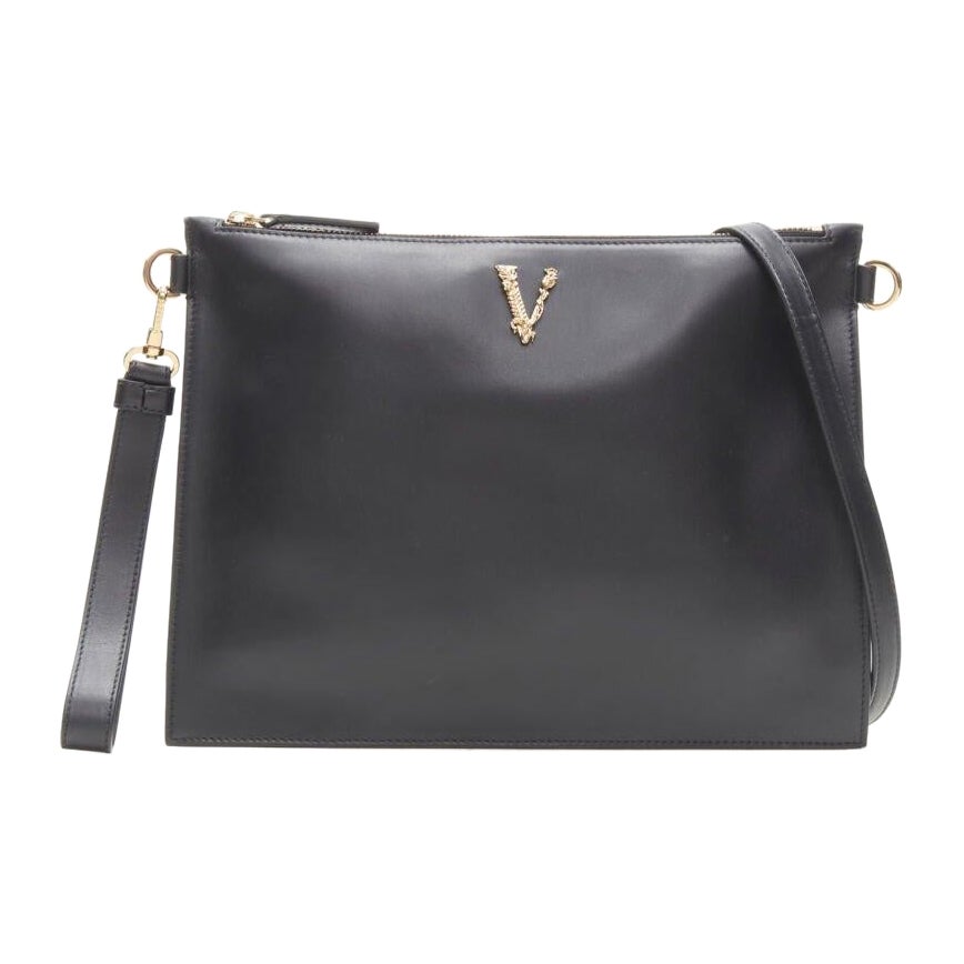 VERSACE gold Virtus Barocco V schwarzes Leder Clutch Crossbody Tasche mit Reißverschluss