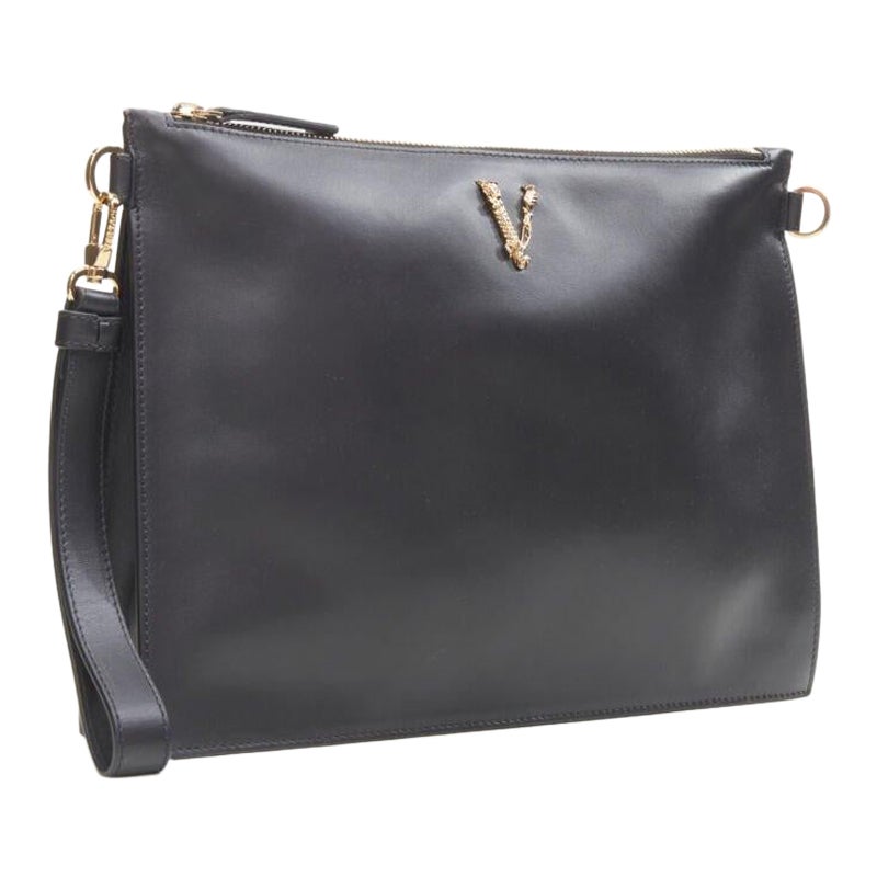 VERSACE gold Virtus Barocco V black leather zip clutch crossbody bag