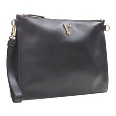 VERSACE gold Virtus Barocco V black leather zip clutch crossbody bag