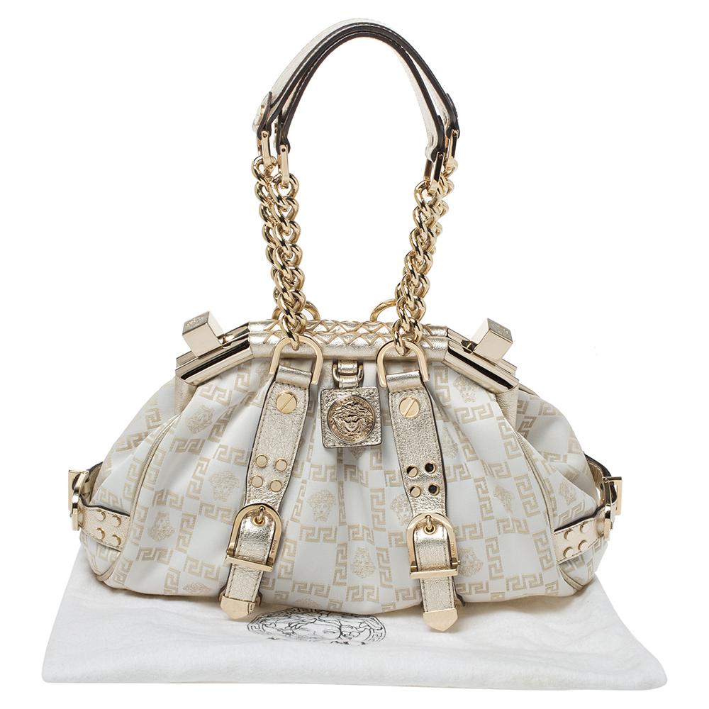 Versace Gold/White Signature Fabric and Leather Frame Satchel 5