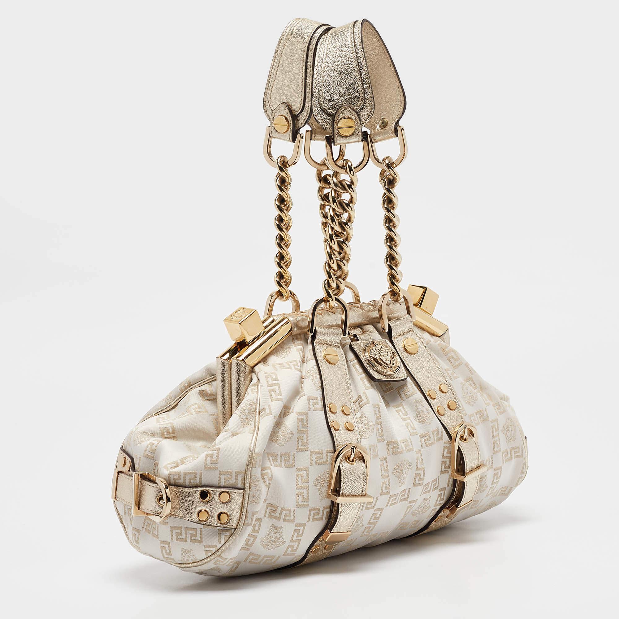Cartera Versace Dorada/Blanca de Tejido de Firma y Marco de Piel Beige