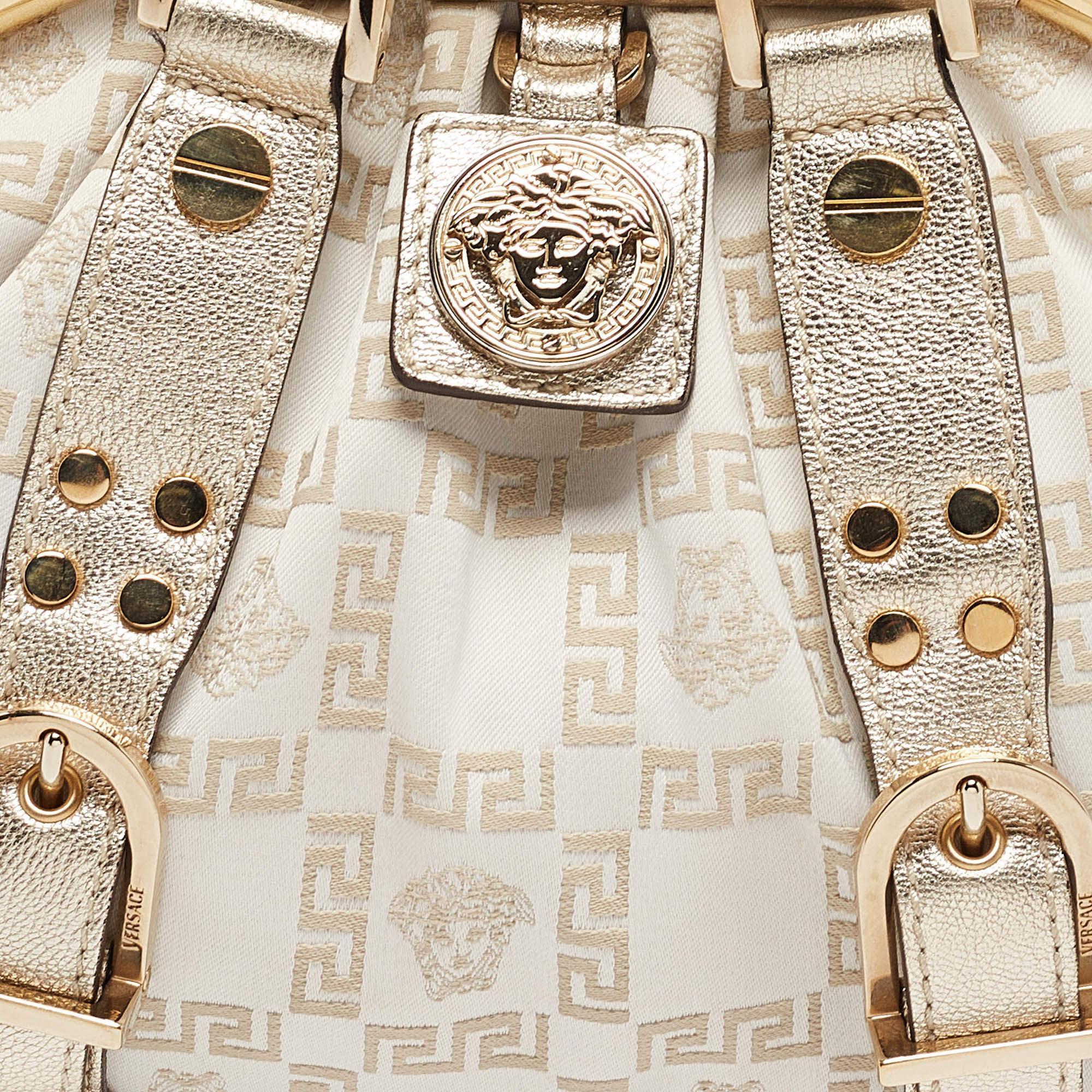 De las mujeres Cartera Versace Dorada/Blanca de Tejido de Firma y Marco de Piel