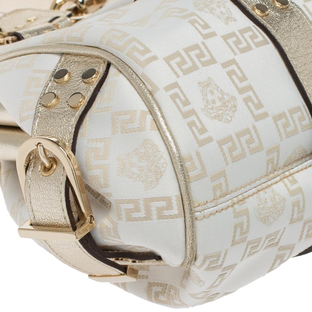 Women's Versace Gold/White Signature Fabric and Leather Frame Satchel