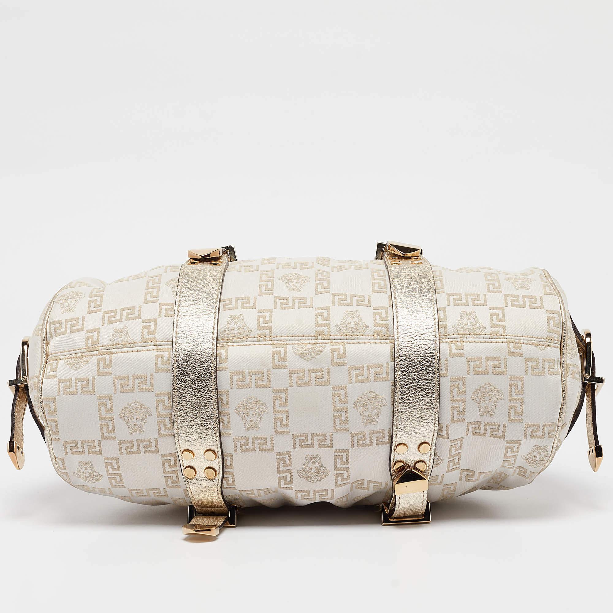 Cartera Versace Dorada/Blanca de Tejido de Firma y Marco de Piel 3